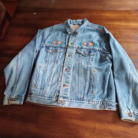 Vtg 90's Levi's Jacket, 70507-0389 Leather Applique, Southwest, Tribal, USA, M - Picture 10 of 15